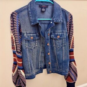 Flying Tomato Blue Jean Jacket with Colorful Knit Sleeves